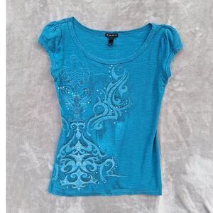 Fang Y2K vintage cap sleeve aqua blue babydoll tee sequined sparkle design